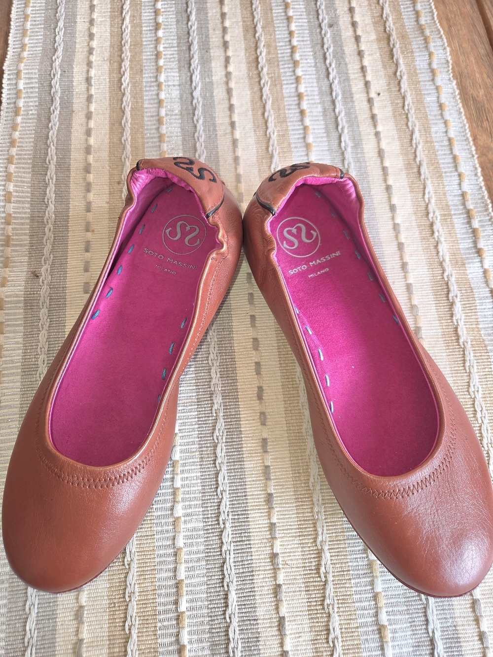 Soto Massini Cognac Brown Leather Ballet Flats with Pink Insole Sz 7-8
